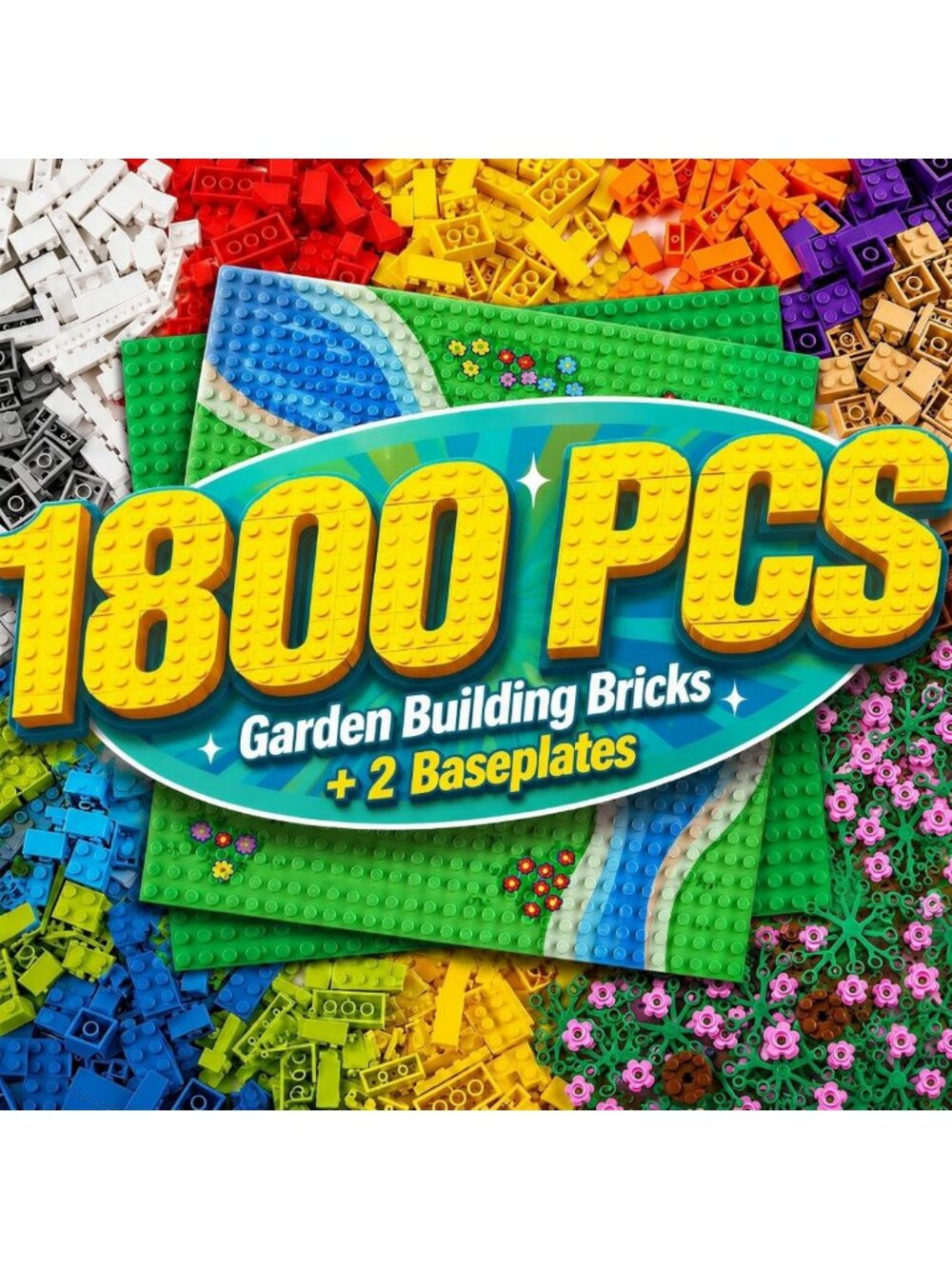 1800-Piece Building Bricks Set with Sticky Plates, Flowers, Trees & 14 Colors